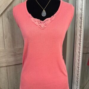 VTG Extra Touch Pink Ribbed Lace Trim Tank Top Plus 3X